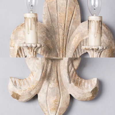 Vintage Style White Wall Lamp with Leaf Shape Lamp Body and Candle 2 Lights Wood Wall Lamp