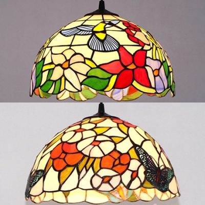 1 Light Bird/Butterfly Ceiling Pendant Rustic Style Stained Glass Pendant Light for Study Room