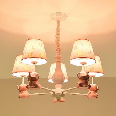 3/5/6 Lights Elephant Suspension Light with Tapered Shade Cute Metal Chandelier in Pink for Kid Bedroom