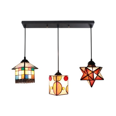 3 Heads Mashup Hanging Light Tiffany Style Stained Glass Ceiling Pendant for Dining Room