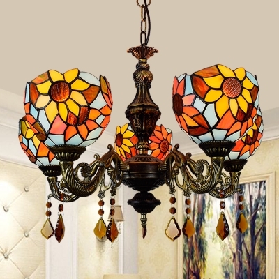 5 Lights Sunflower Chandelier with Crystal Vintage Style Stained Glass Pendant Lamp for Bar