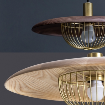 Rustic Style Saucer Pendant Light Wood 1 Light Black/Gold/White Hanging Light with Domed Cage for Foyer