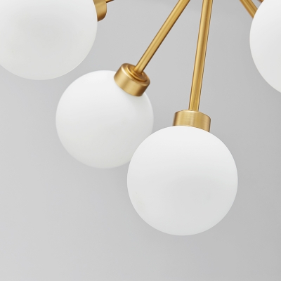 5 Light Globe Chandelier, White Glass Shade Contemporary Gold Finish Ceiling Light for Bedroom