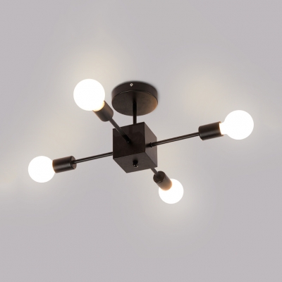 Metal Bare Bulb Ceiling Fixture 3/4 Lights Modern Style Semi Flush Mount Light in Black for Study Room