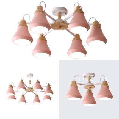6 Lights Hanging Light Simple Style Metal Chandelier Light in Macaron Pink for Bedroom Kindergarten