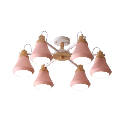 6 Lights Hanging Light Simple Style Metal Chandelier Light in Macaron Pink for Bedroom Kindergarten