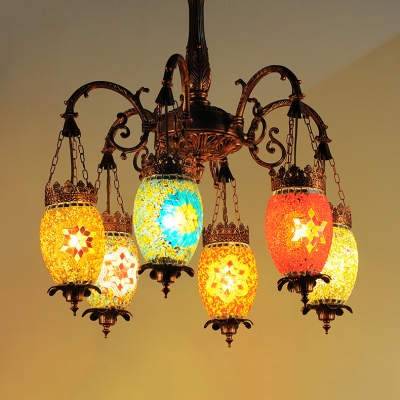 6 Lights Oval Shade Chandelier Turkish Style Stained Glass Pendant Light for Living Room Cafe