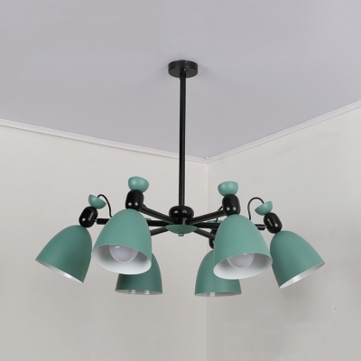 6 Lights Rotatable Chandelier with Black/White Rod Nordic Style Metal Hanging Lamp in Green for Kid Bedroom