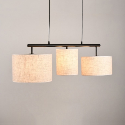 American Rustic Drum Island Light 3 Lights Fabric Suspension Light in Beige for Study Room