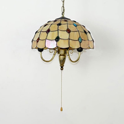 Antique Multi-Color Beads Pendant Light Scalloped Shade Glass Metal Hanging Light in Beige for Foyer
