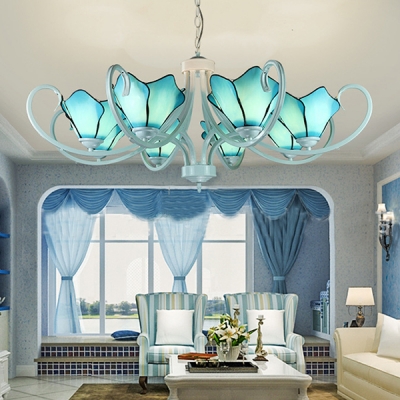 Art Glass Flower Chandelier 5/6/8 Lights Tiffany Style Suspension Light in Blue for Dining Room