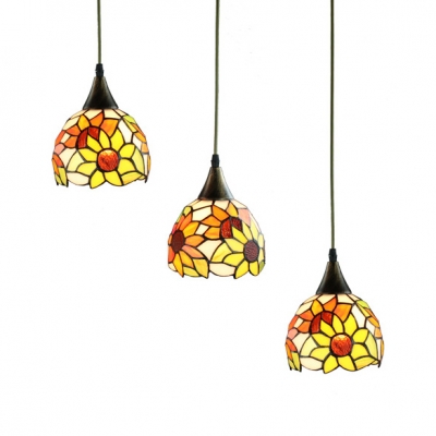 Bead/Petal/Sunflower Shade Pendant Light 3 Lights Vintage Stylish Stained Glass Ceiling Lamp for Cafe Bar