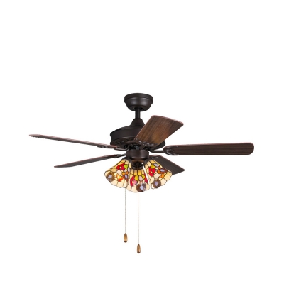 Bell Shade Cafe Ceiling Fan Stained Glass 3 Lights Rustic Semi Flushmount Light with Controller/Pull Chain
