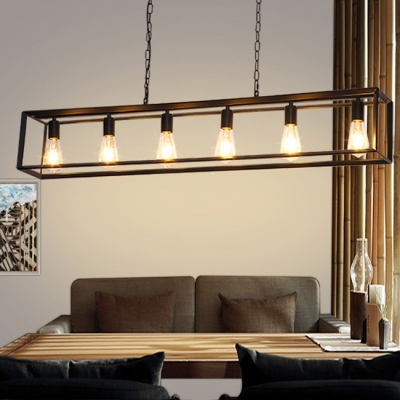 Black/Brass Rectangle Suspension Light 5/6 Lights Vintage Style Metal Island Lamp for Cafe