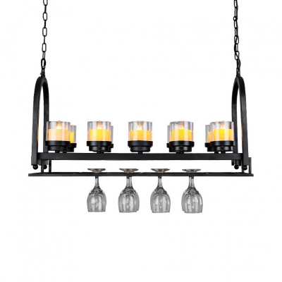 Black Cylinder Hanging Light 10 Lights Industrial Metal Island Fixture with Wine Bottle for Cafe