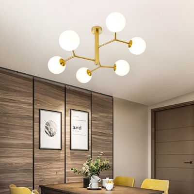 Black/Gold Twig Shaped Chandelier with Orb Shade Contemporary Metal Suspension Light for Study Room