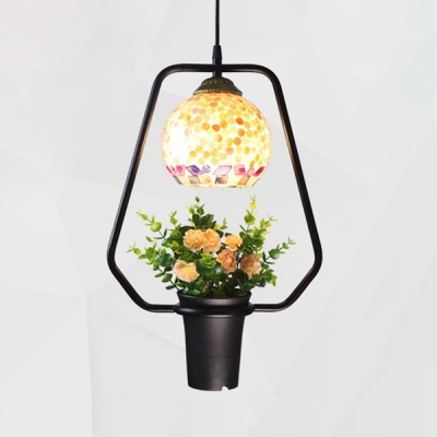 Bowl Shade Pendant Light with Flower Pot 1 Light Tiffany Rustic Stained Glass Ceiling Light for Balcony
