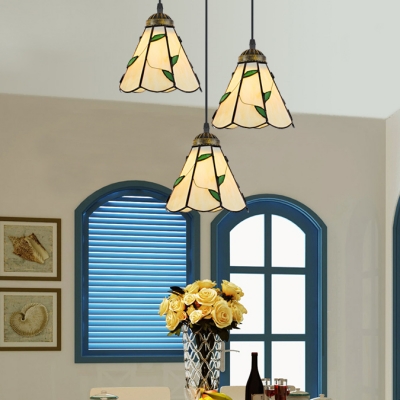 Dining Room Conical Hanging Light Glass 3 Lights Tiffany Rustic Beige/White Suspension Light