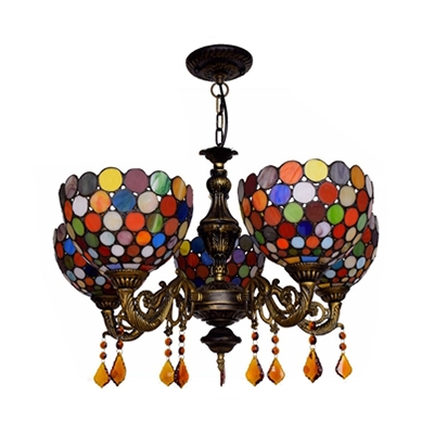 Dome Shade Dining Room Chandelier with Crystal Stained Glass 5 Lights Tiffany Style Hanging Light