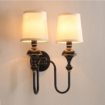 Fabric Tapered Shade Wall Sconce Light 1/2 Lights Vintage Style Sconce Lamp in Black/Brass
