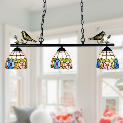 Flower Linear Chandelier with Bird 3 Lights Tiffany Style Stained Glass Island Light for Kitchen