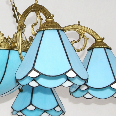 Glass Dome Cone Chandelier 7 Lights Tiffany Style Engraved Hanging Lamp in Blue for Hotel Cafe