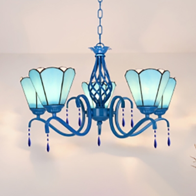 Glass Metal Conical Chandelier Bedroom Hotel 5 Lights Tiffany Style Pendant Light in Blue/White