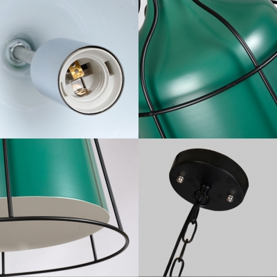 Green Bucket Ceiling Light with Cage 1 Light Industrial Aluminum Pendant Light for Restaurant