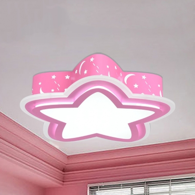 Kids Etched Star LED Ceiling Mount Light Metal Pink Flush Light in Warm/White