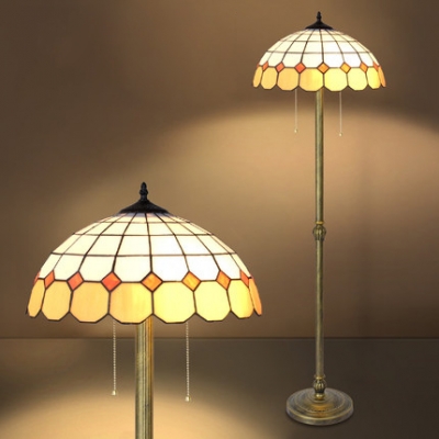 Lattice Bowl Shade Standing Light Two Lights Tiffany Vintage Floor Lamp with Pull Chain for Bedroom