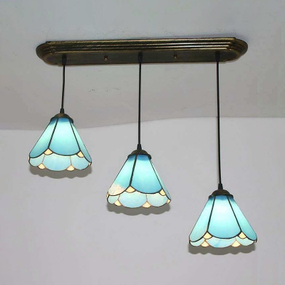 Living Room Conical Shade Pendant Light Glass 3 Heads Tiffany Style Age Brass Hanging Light