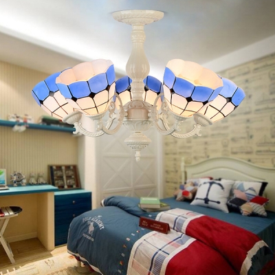 Mediterranean Style Dome Chandelier Stained Glass 3/5 Lights Blue Hanging Light for Study Room