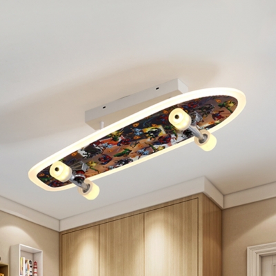 Metal Skateboard LED Semi Flush Mount Light Modern Multi-Color Ceiling Lamp in Stepless Dimming for Boys Bedroom