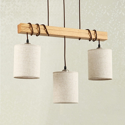 Modern Style Cylinder Linear Chandelier 2/3 Lights Fabric & Wood Hanging Light in Beige