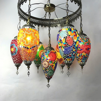 Moroccan Mosaic Multi-Color Chandelier Teardrop 7 Lights Glass Hanging Light for Restaurant Bar