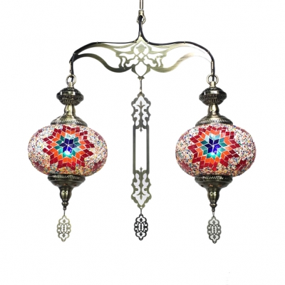 Moroccan Turkish Lantern Pendant Light Glass 2 Lights Blue/Red Chandelier for Living Room
