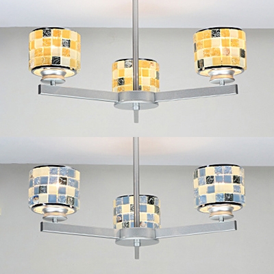 Mosaic Blue/Yellow Chandelier Drum Shade 3 Lights Glass Shell Hanging Light for Restaurant Kitchen