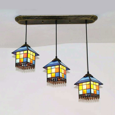 Multi-Color Suspension Light 3 Lights Tiffany Style Glass Hanging Light for Living Room