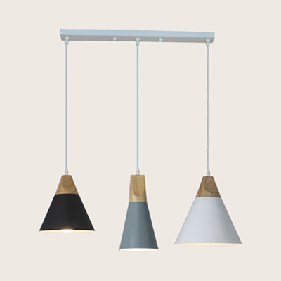 Nordic Style Cone Pendant Lamp 3 Lights Wood Ceiling Lighting with Linear/Round Canopy for Kitchen