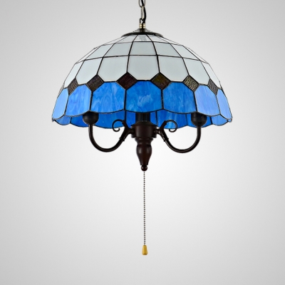 Restaurant Dome Pendant Light Glass 3 Lights Mediterranean Style Hanging Light with Pull Chain