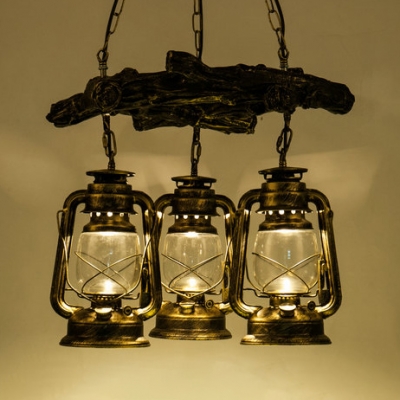 Rustic Aged Brass/Copper Chandelier with Branch 3 Lights Glass Kerosene Hanging Light for Bar Cafe