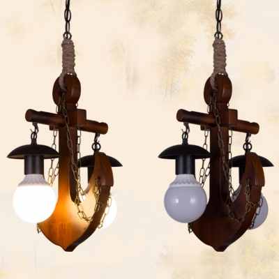 Rustic Style Anchor Pendant Light Wood 2 Lights Brown Chandelier for Dining Table Hallway