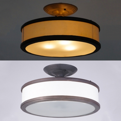 Rustic Style White Semi Flush Light Round Shade 3 Lights Linen Ceiling Light for Cottage