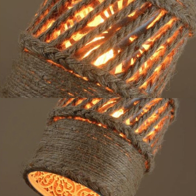 Rustic Stylish Beige Hanging Light Hollow Cylinder Shade 1 Light Manila Rope Pendant Light for Balcony