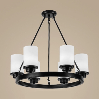 Simple Style Cylinder Chandelier Frosted Glass 3/6/8 Lights Black Pendant Light for Dining Room