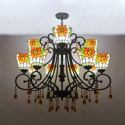 Stained Glass Sunflower Chandelier with Amber Crystal Villa Tiffany Style Rustic Pendant Light