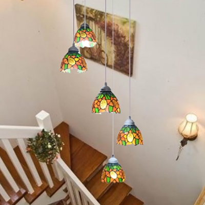 Stained Glass Sunflower/Victorian Hanging Light 5 Lights Ceiling Pendant for Swirled Stair