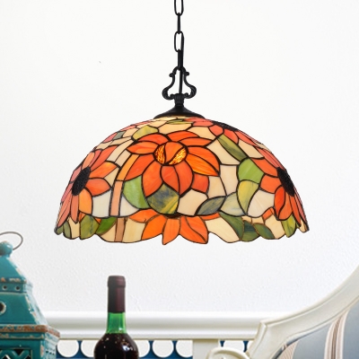 Tiffany Rustic Suspension Light Dome Shade Stained Glass 1 Light Flowers/Victorian Ceiling Light for Foyer