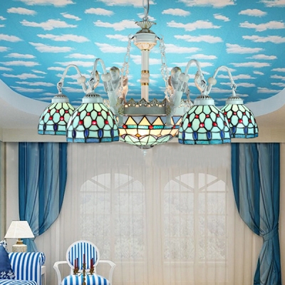Tiffany Style Blue Chandelier Cone/Dome 9 Lights Glass Metal Hanging Light with Mermaid for Hotel