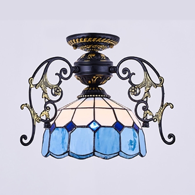 Tiffany Style Bowl Shade Flush Mount Light Glass 1 Light Engraved Ceiling Light for Study Room
